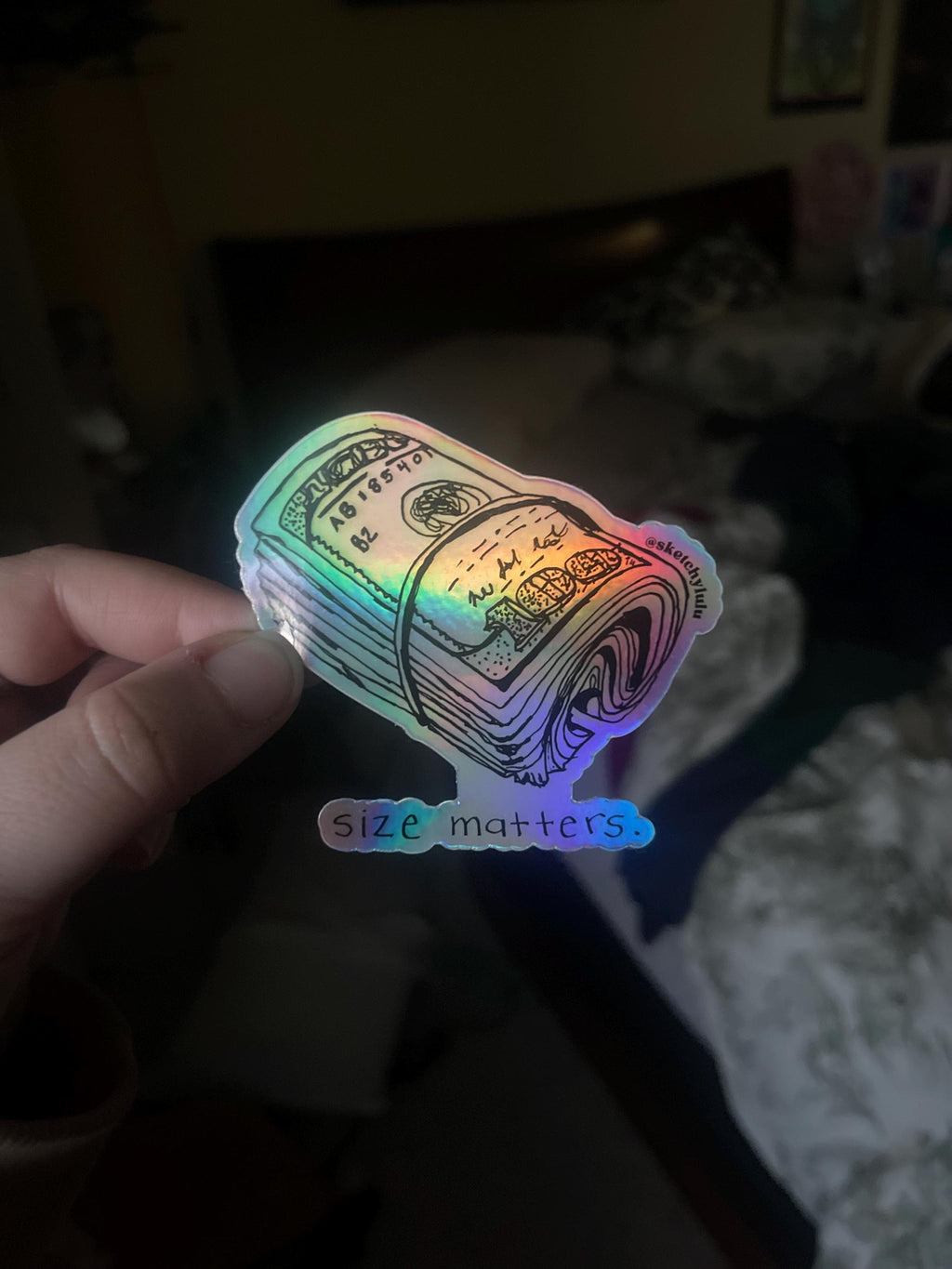 3in x 3in Size Matters Benjamin 100 Dollar Bill Holographic Money Sticker